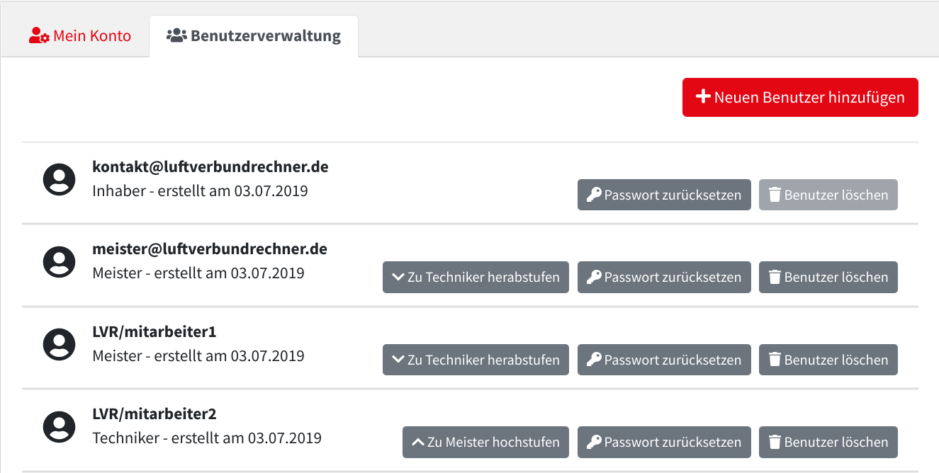 Screenshot der Mitarbeiterverwaltung