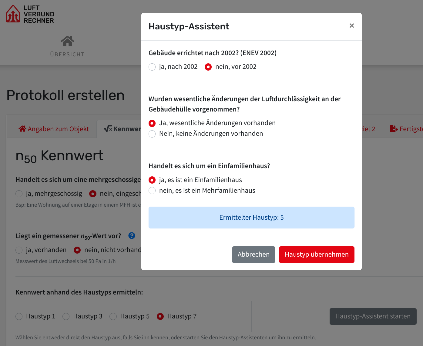 Screenshot des Haustyp-Assistenten